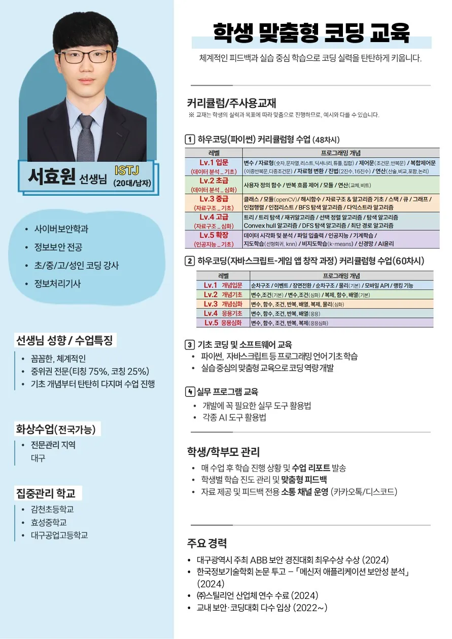 서효원 코치가 직접 작성한 소개서