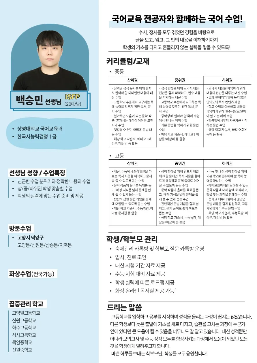 백승민 코치가 직접 작성한 소개서