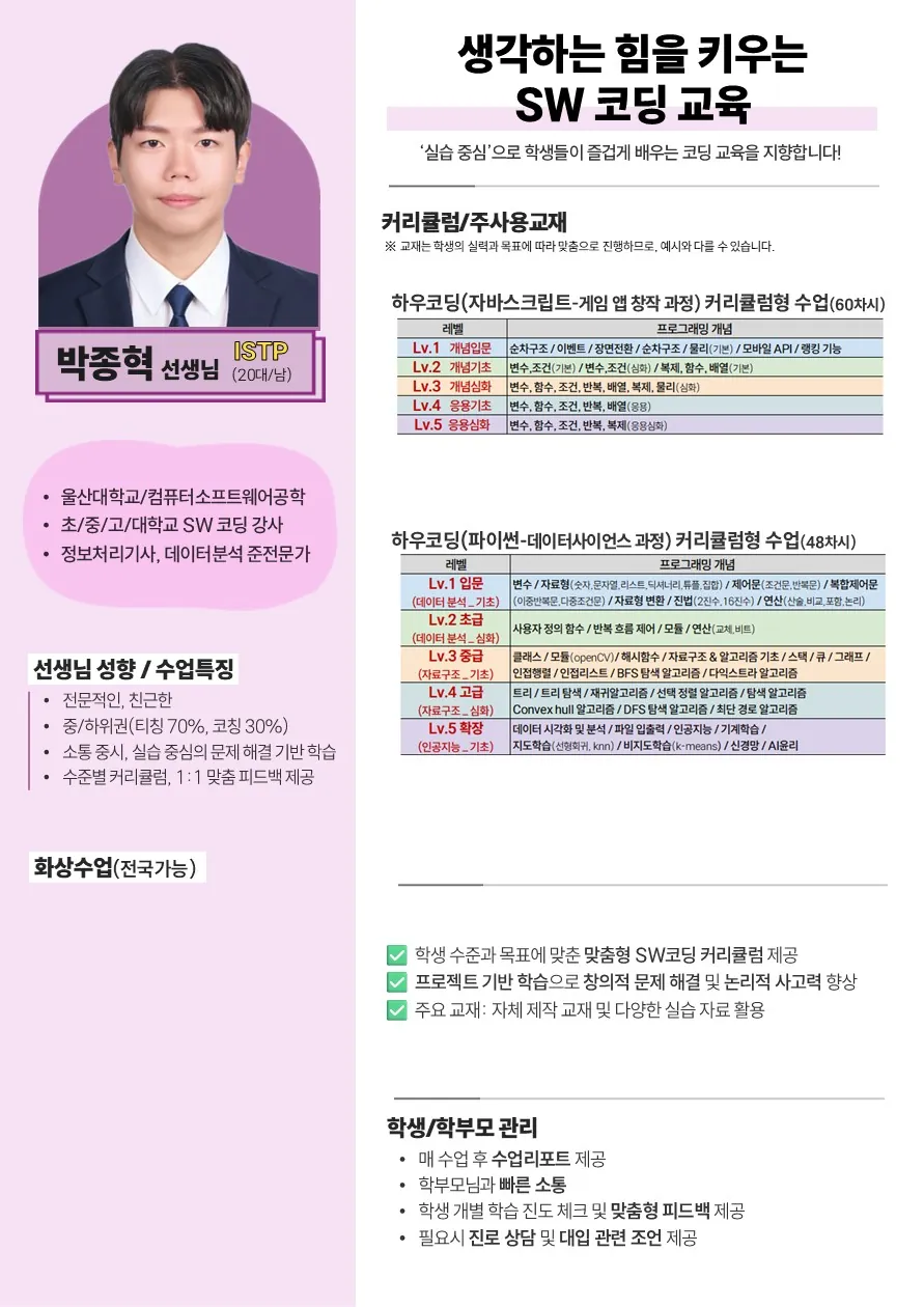 박종혁 코치가 직접 작성한 소개서
